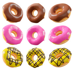 Assorted donuts with colorful icing, sprinkles, and chocolate isolated on white transparent background