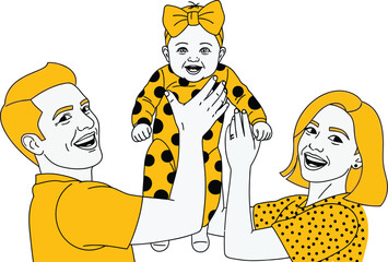 Happy Family Illustration of Parents Holding Up Their Baby with a Big Bow while Smiling with Yellow and Black Polka Dots Outfit