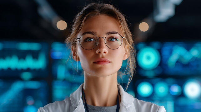 scientist confidently working in a modern laboratory wearing glasses and white lab coat with medical data on screen showing professional research focus clinical knowledge and science expertise
