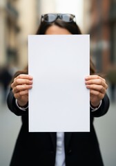 Woman holding blank white sheet in urban street. Mockup photography with place for text. Advertising and presentation 

