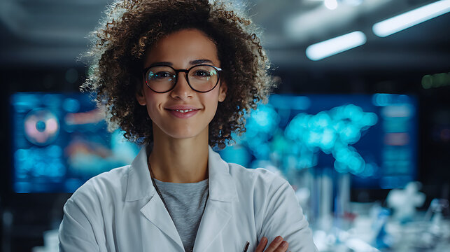 female scientist in a modern lab with glasses and lab coat analyzing medical data on a screen showing confident research approach expertise and healthcare professionalism