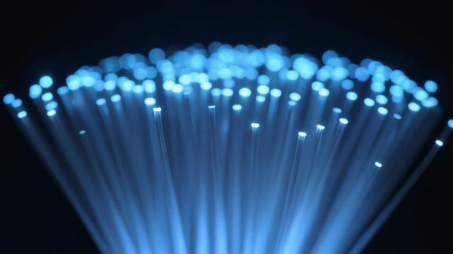 A close up of many fiber optic cables glowing with blue light on a dark background view