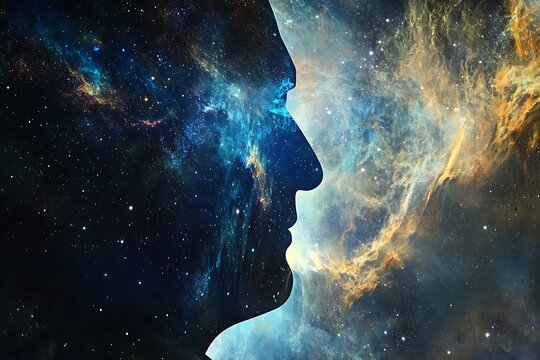 Silhouette profile of a human head filled with a vibrant celestial nebula and stars