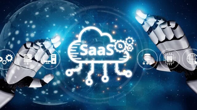 Visual representation of SaaS showing infrastructure, SaaS deployment, SaaS platform features, and SaaS integration model in digital environment. Muxer