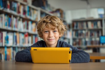 Happy schoolboy studying at a library with a digital tablet in a bright, organized space on a typical school day