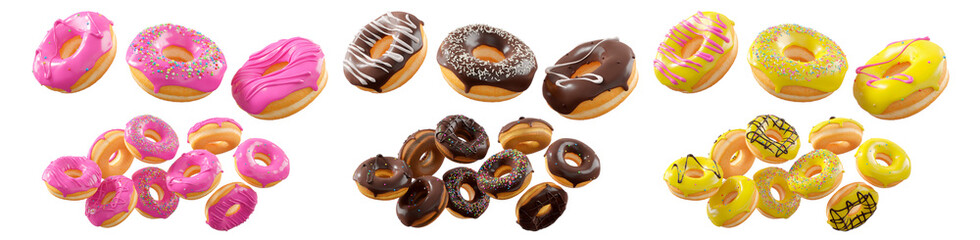 Assorted donuts with colorful icing, sprinkles, and chocolate isolated on white transparent background