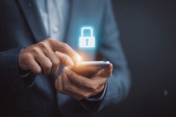 Businessman interacting with smartphone while using virtual pad for secure access in a modern office setting
