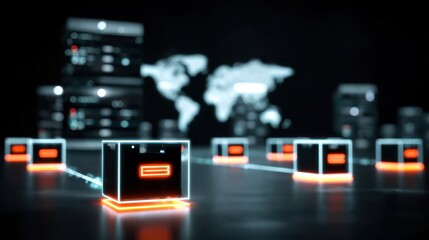 Fototapeta premium Satellite arrays send streams to computing engines, software produces graphics visualizations, vision modules analyze patterns, and firewall secures the database infrastructure