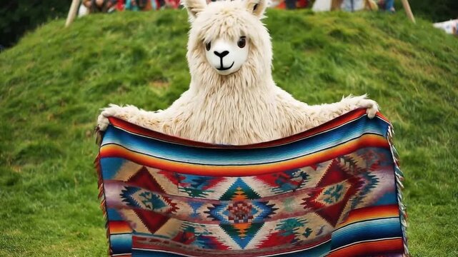 Creamy White Alpaca Costume Character Holds Colorful Native American Textile Outdoors Green Grassy Hill Background People Blurred Distant