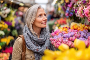 Mature caucasian woman enjoying a colorful flower market filled with vibrant blooms in a lively urban setting during the daytime