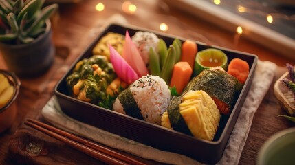 Japanese Bento Box with Onigiri and Vegetables