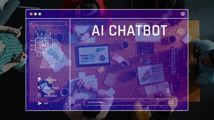 This image captures a modern user interface for an AI chatbot, set against a vibrant workspace with a diverse team discussing innovative ideas around a table. Raster - Powered by Adobe