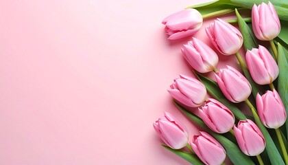 A close-up shot of a bouquet of delicate pink tulips on a soft pink background. Perfect for spring & floral themes