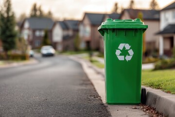 Obraz premium Green recycling bin positioned on residential street in a suburban neighborhood during late afternoon