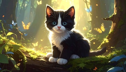 Adorable Tuxedo Kitten in Enchanted Forest with Butterflies.