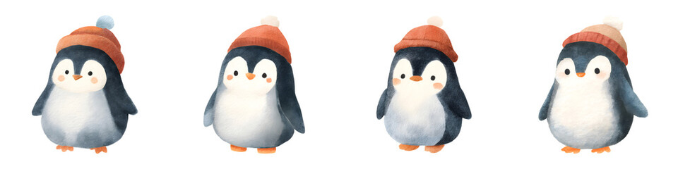 Set of cute Christmas watercolor penguins in hats, isolated on transparent background