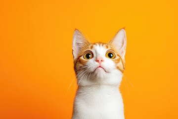 A curious orange tabby cat with wide green eyes and a pink nose, sitting attentively against a vibrant orange background.