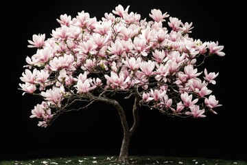 A serene garden with a large tree adorned with pink flowers, set against a backdrop of lush greenery and a tranquil pond.