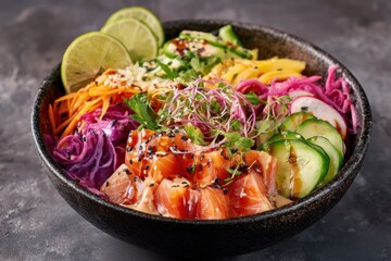 Delicious fusion poke bowl featuring sushi grade ingredients with fresh vegetables and flavors in a vibrant presentation
