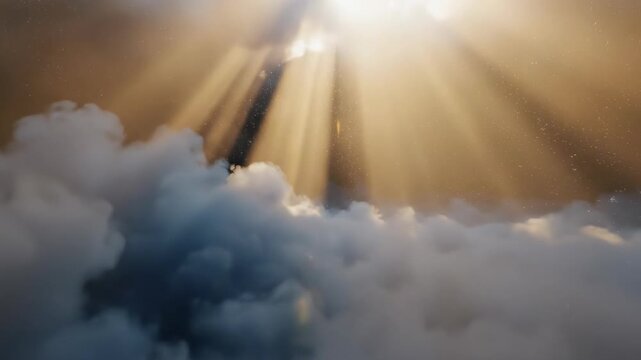 Heavenly Rays: The image portrays an ethereal scene of sunlight piercing through a dense layer of clouds, creating a dramatic interplay of light and shadow, and evoking a sense of divine grandeur.