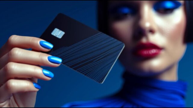 Futuristic woman in blue dress holding black credit card with stylish nails, modern financial and fashion concept