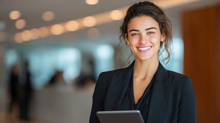 young hispanic businesswoman in a black suit displaying confidence and success while holding a digital tablet in a contemporary office setting representing ambition corporate strength