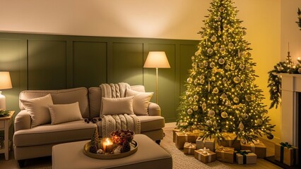 Elegant Christmas Living Room Decor with Fireplace, Tree, and Cozy Holiday Lighting