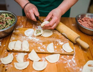 Close-up of a person crafting dumplings on a wooden surface
