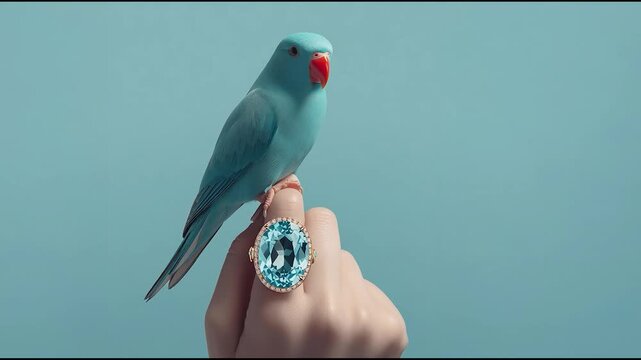 Elegant blue parrot perched on hand with luxurious aquamarine gemstone ring against pastel background