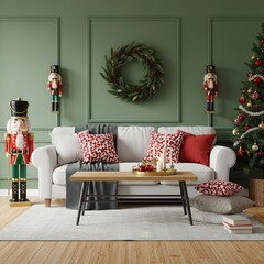 Cozy Christmas Living Room Decor with Festive Sofa, Tree, and Holiday Ornaments