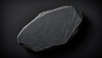 Rough textured dark grey slate stone slab with light veins and an irregular shape on a plain dark background