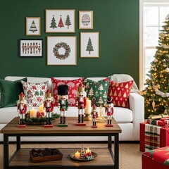 Cozy Christmas Living Room Decor with Festive Sofa, Tree, and Holiday Ornaments