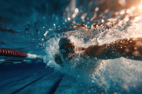 Dynamic water splash as swimmer trains in pool during morning practice session focused on improving lap performance