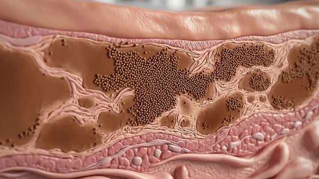 Detailed cross section of human skin layers showing melanin deposits and cellular structure under microscopic view with soft lighting