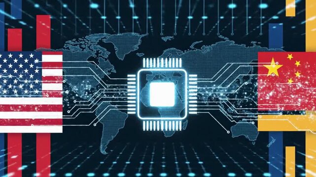 Abstract US China chip war technology background with central microchip