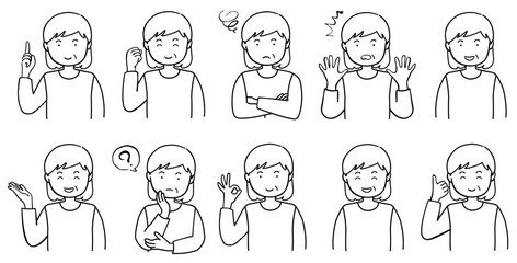 ポーズをとる中年女性のイラストセット　線画