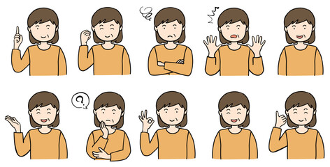 ポーズをとる中年女性のイラストセット