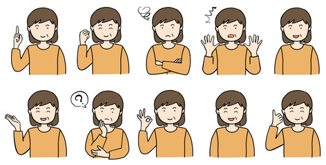 ポーズをとる中年女性のイラストセット