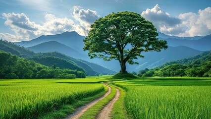 Majestic Lone Tree in Green Field with Mountain Landscape and Blue Sky
