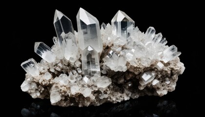 Close up of a vibrant cluster of clear quartz crystals protruding from a natural rock matrix on a black background