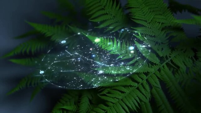 Slow zoom out from a fern plant projecting a rotating holographic star map onto its leaves in a serene dark room concept of cosmic connection and nature as a universal interface