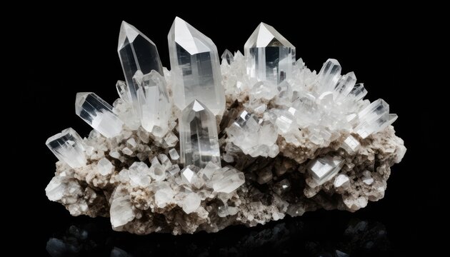 Close up of a vibrant cluster of clear quartz crystals protruding from a natural rock matrix on a black background