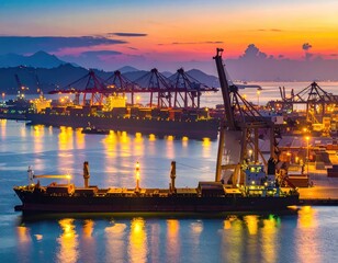 Twilight harbor cargo ships and cranes