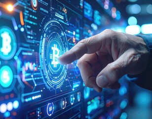 Finger touches Bitcoin symbol on glowing high-tech display