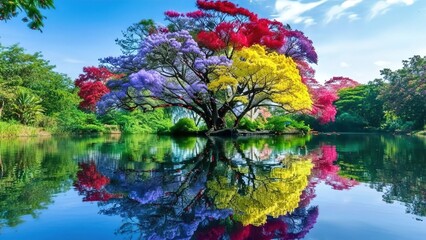 Vibrant Multicolored Tree Reflected in Crystal-Clear Lake Landscape