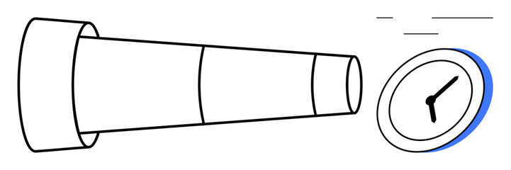 Telescopic lens aiming at an analog clock, symbolizing time focus, planning, and strategy. Ideal for time management, goal setting, future vision, prioritization, deadlines scheduling simple flat