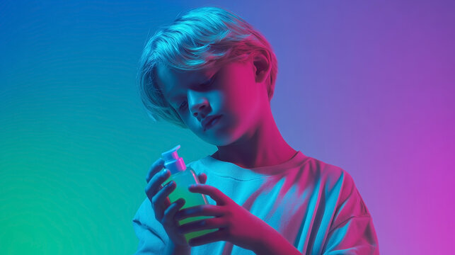 A boy is holding a bottle of lotion - Powered by Adobe