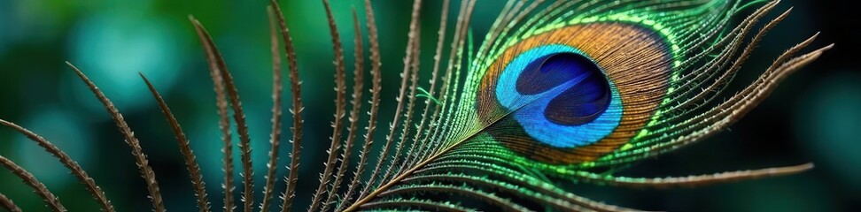 Naklejka premium Intricate peacock feather, iridescent blues, greens, and browns , ornate, isolated
