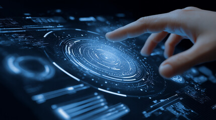 Hand touch digital hud interface futuristic technology background of virtual computer screen display ui future concept or cyber communication hologram and innovation internet system on vr cyberspace 