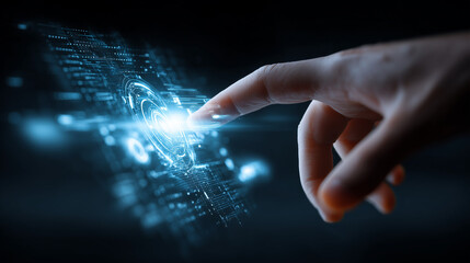 Hand touch digital hud interface futuristic technology background of virtual computer screen display ui future concept or cyber communication hologram and innovation internet system on vr cyberspace